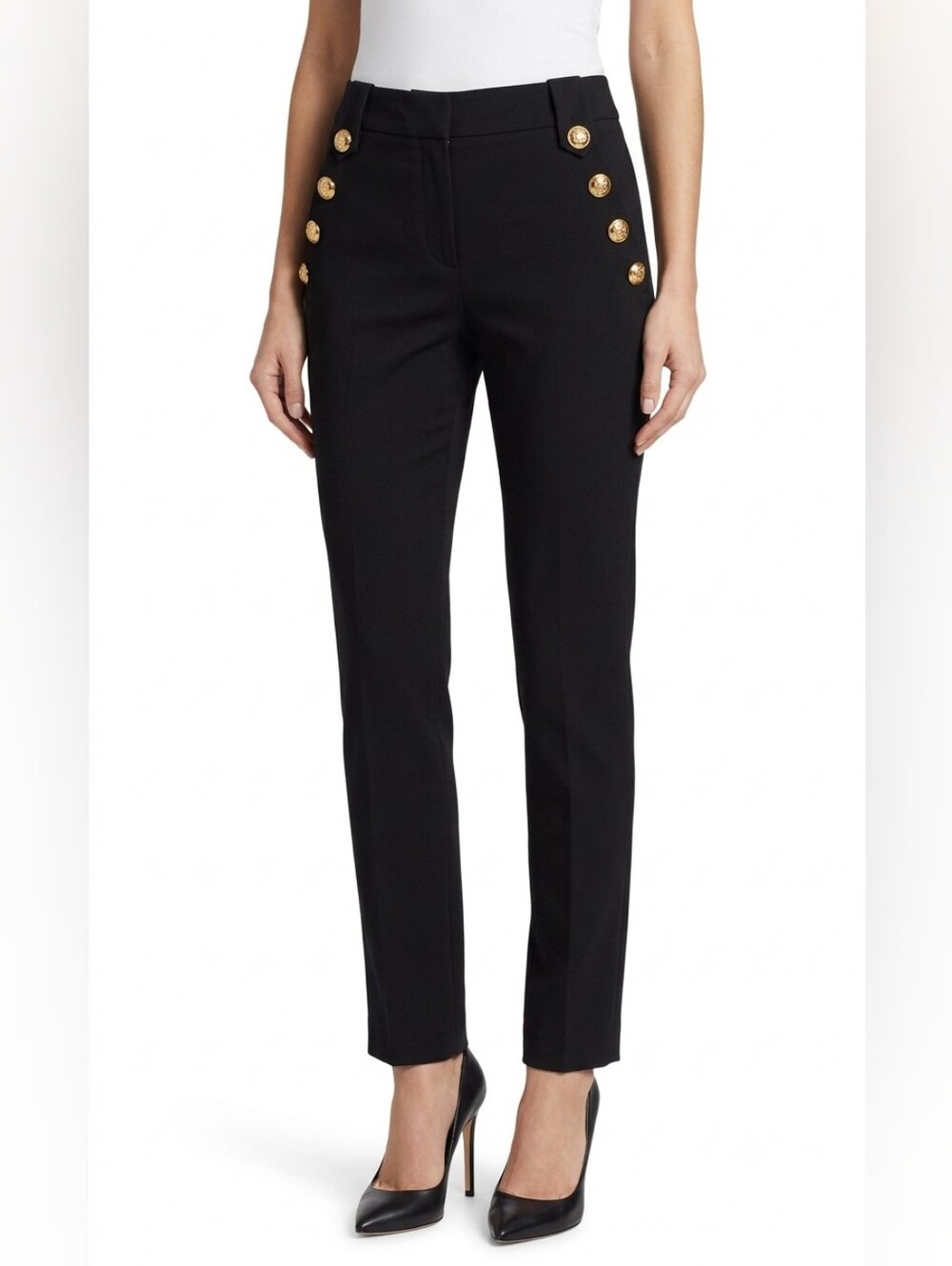White House Black Market Jolie Straight Black  Pants with Gold Buttons Size 12L